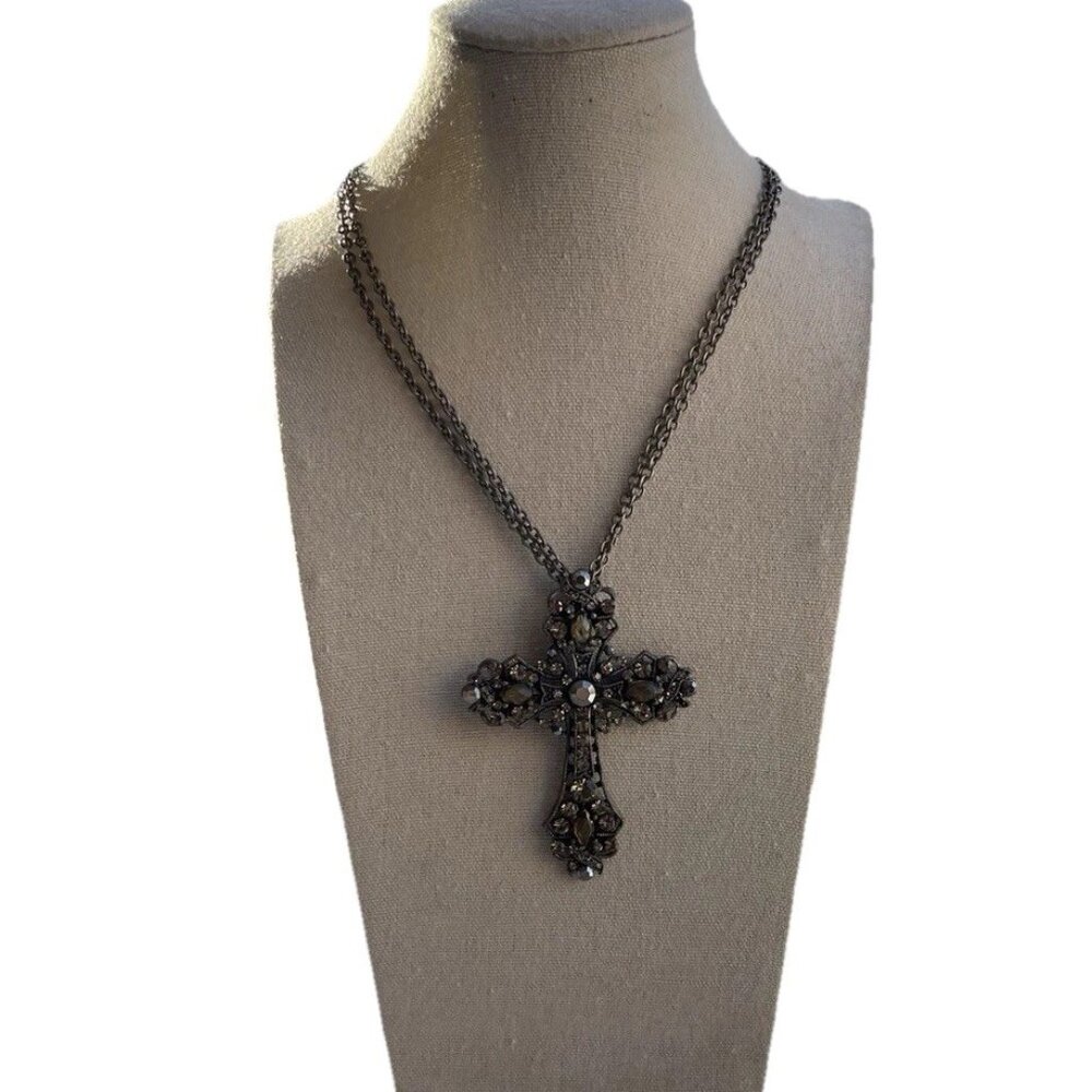 Vintage Silver Cross Necklace Gray Rhinestones Large Pendant Stones Religious
